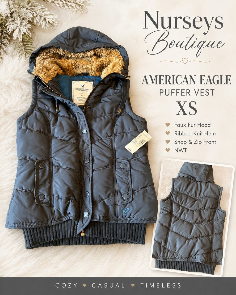 NWT American Eagle Hooded Puffer Vest Faux Fur Charcoal Womens XS